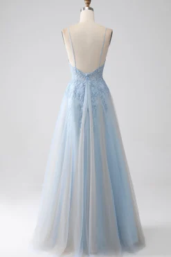 A-Line Espaghetti Correias Cinzento Azul Vestido de Baile com Missangas