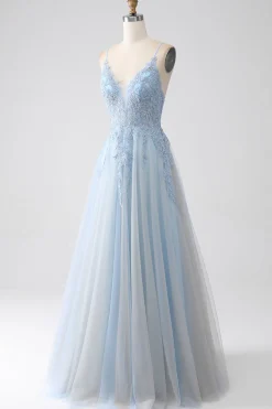 A-Line Espaghetti Correias Cinzento Azul Vestido de Baile com Missangas