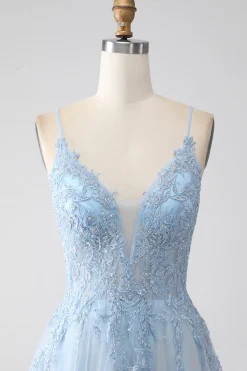 A-Line Espaghetti Correias Cinzento Azul Vestido de Baile com Missangas