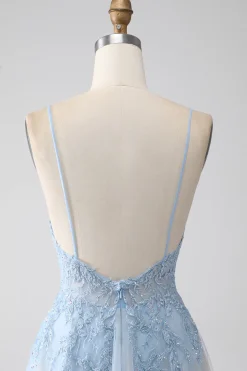 A-Line Espaghetti Correias Cinzento Azul Vestido de Baile com Missangas