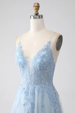 A-Line Espaghetti Correias Cinzento Azul Vestido de Baile com Missangas