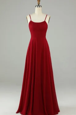 A-Line Espaghetti Correias Borgonha Vestido Longo Madrinha
