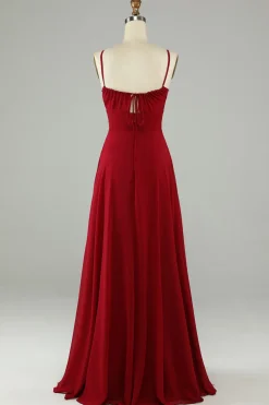 A-Line Espaghetti Correias Borgonha Vestido Longo Madrinha