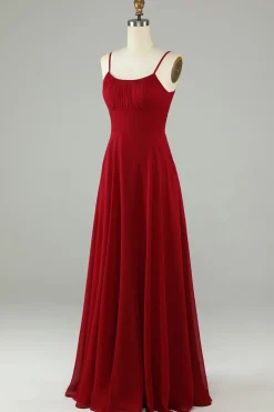 A-Line Espaghetti Correias Borgonha Vestido Longo Madrinha