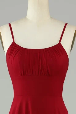 A-Line Espaghetti Correias Borgonha Vestido Longo Madrinha