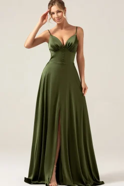 A-Line Espaghetti Correias Olive Cetim Long Vestido de Madrinha com Fenda