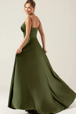 A-Line Espaghetti Correias Olive Cetim Long Vestido de Madrinha com Fenda