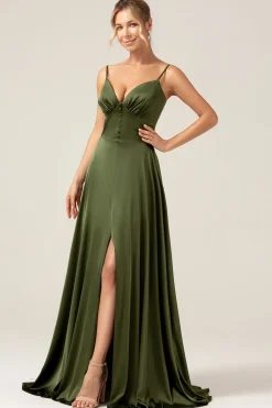 A-Line Espaghetti Correias Olive Cetim Long Vestido de Madrinha com Fenda