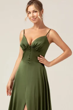 A-Line Espaghetti Correias Olive Cetim Long Vestido de Madrinha com Fenda