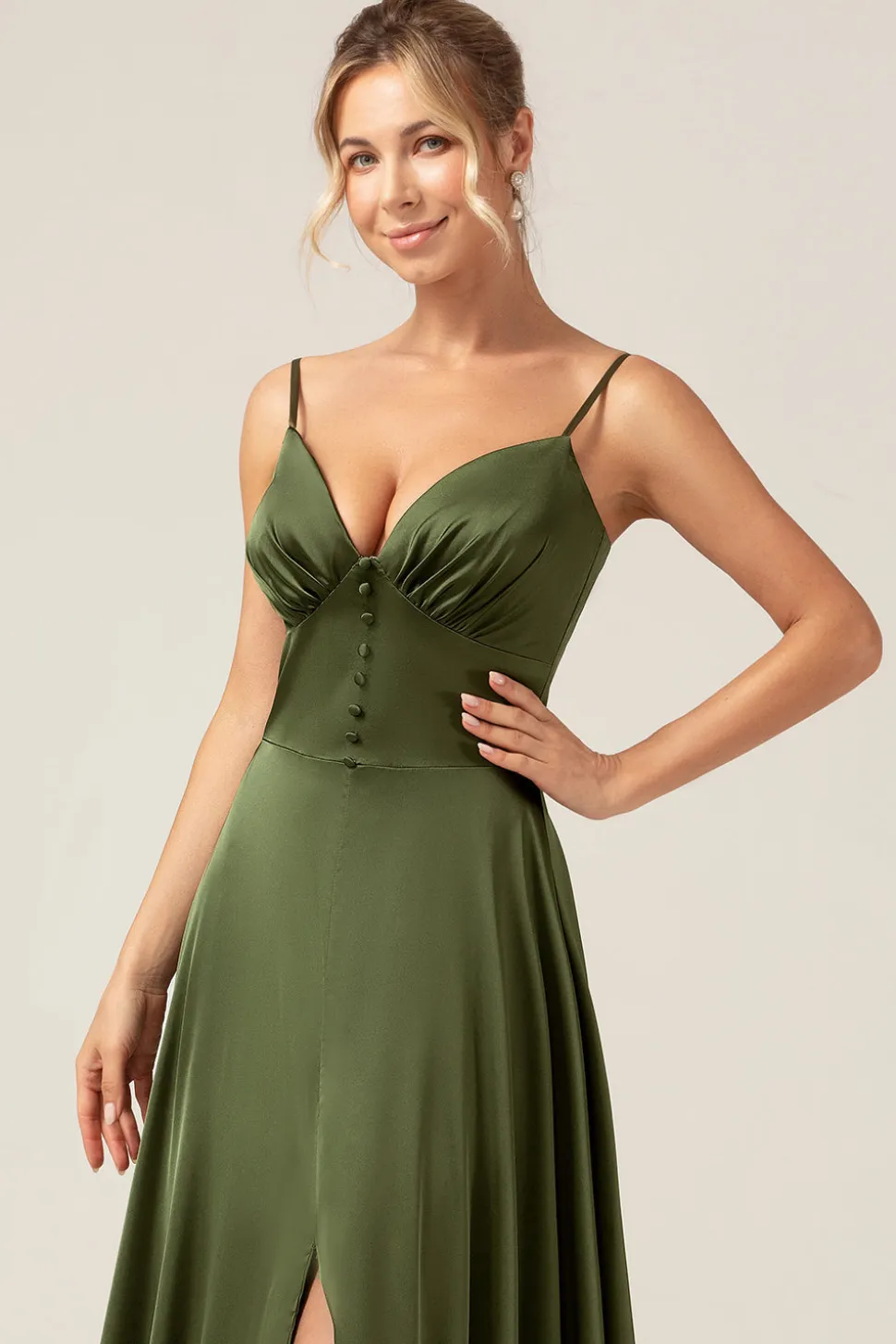 A-Line Espaghetti Correias Olive Cetim Long Vestido de Madrinha com Fenda