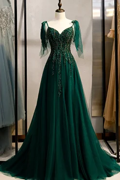 A-Line Espaghetti Correias Verde Escuro Vestido de Baile com Missangas
