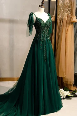 A-Line Espaghetti Correias Verde Escuro Vestido de Baile com Missangas