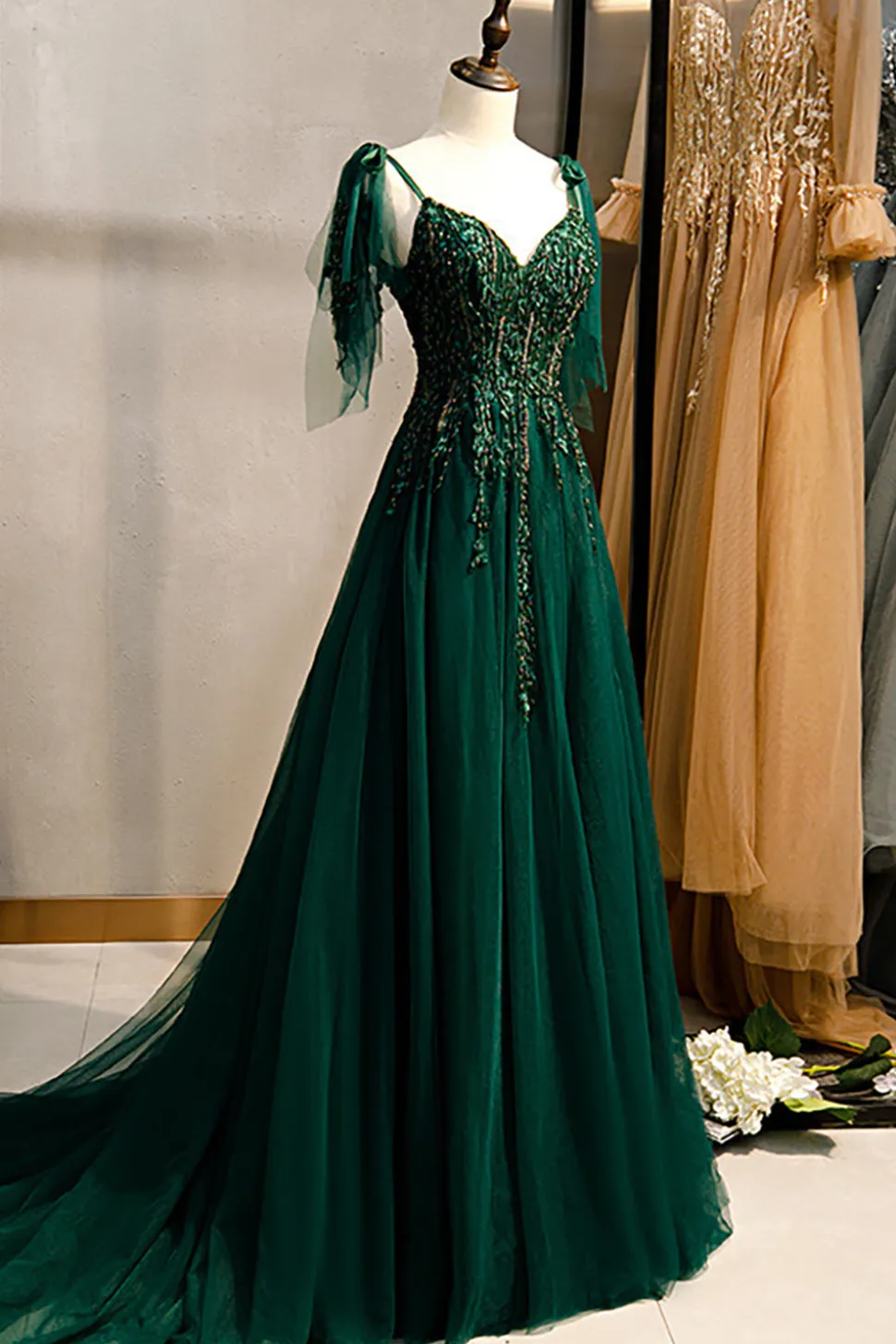 A-Line Espaghetti Correias Verde Escuro Vestido de Baile com Missangas