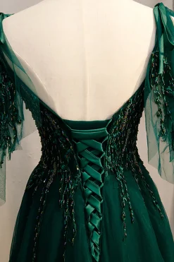 A-Line Espaghetti Correias Verde Escuro Vestido de Baile com Missangas
