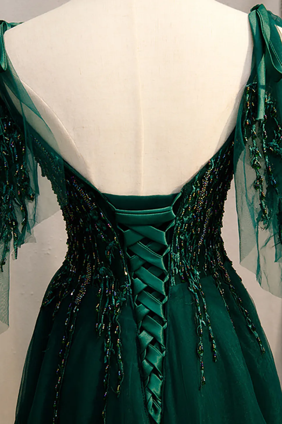 A-Line Espaghetti Correias Verde Escuro Vestido de Baile com Missangas