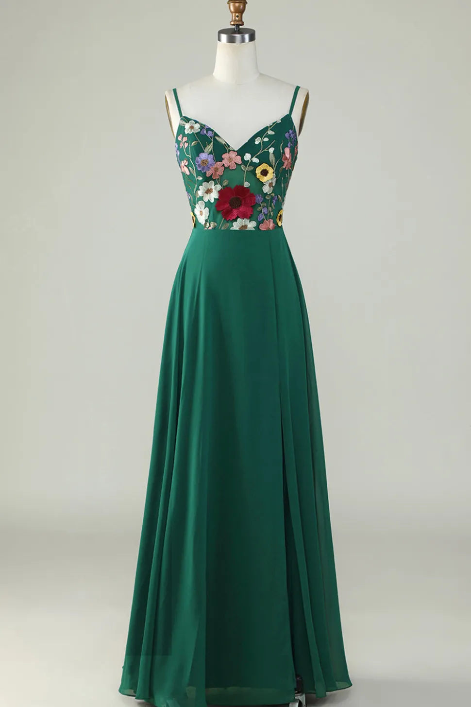 A-Line Espaghetti Correias Verde Escuro Vestido Longo Madrinha com Flores 3D