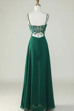 A-Line Espaghetti Correias Verde Escuro Vestido Longo Madrinha com Flores 3D