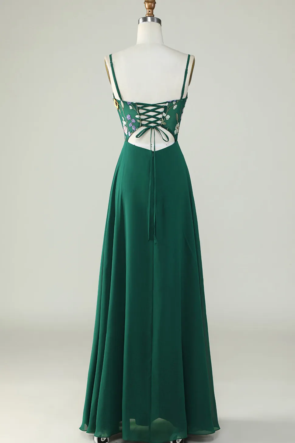 A-Line Espaghetti Correias Verde Escuro Vestido Longo Madrinha com Flores 3D