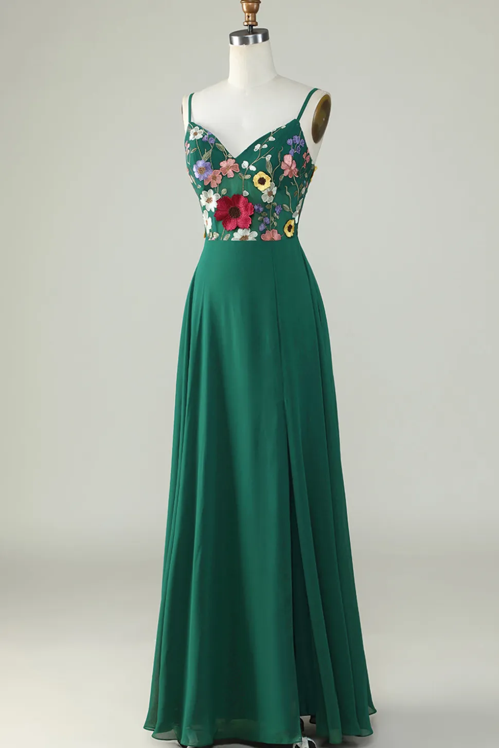 A-Line Espaghetti Correias Verde Escuro Vestido Longo Madrinha com Flores 3D