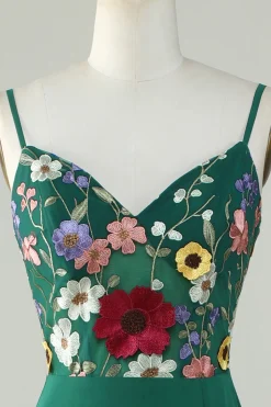 A-Line Espaghetti Correias Verde Escuro Vestido Longo Madrinha com Flores 3D