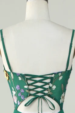 A-Line Espaghetti Correias Verde Escuro Vestido Longo Madrinha com Flores 3D