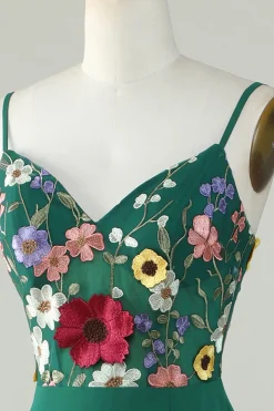 A-Line Espaghetti Correias Verde Escuro Vestido Longo Madrinha com Flores 3D