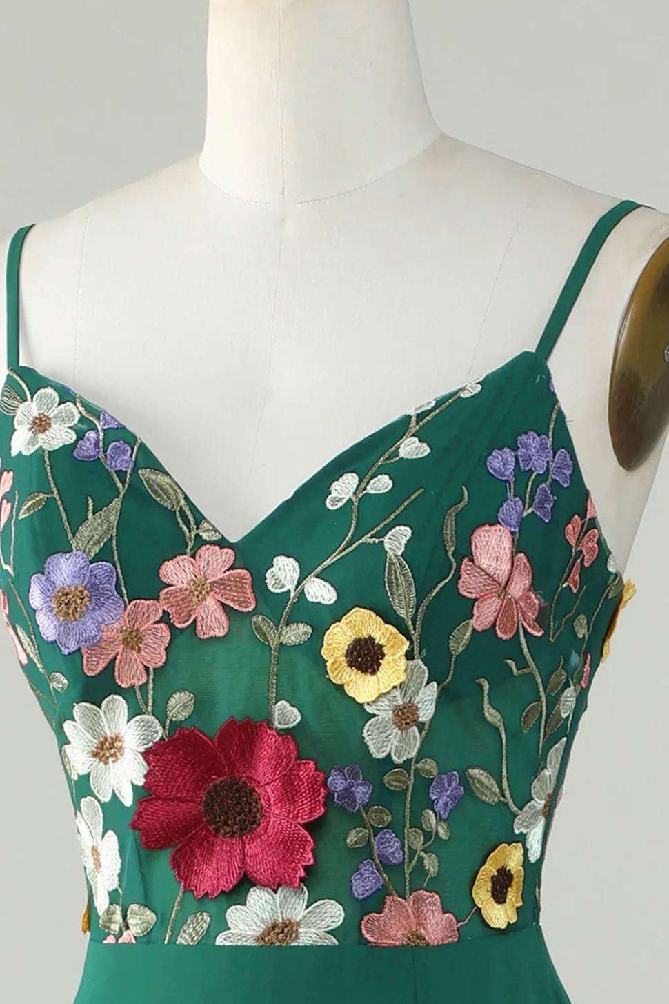 A-Line Espaghetti Correias Verde Escuro Vestido Longo Madrinha com Flores 3D