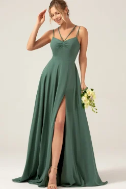 A-Line Espaghetti Correias Backless plissado Eucalipto Vestido Madrinha
