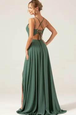 A-Line Espaghetti Correias Backless plissado Eucalipto Vestido Madrinha
