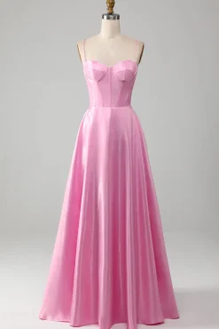 A-Line Espaghetti Correias Rosa Vestido de Baile com Espartilho