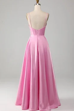 A-Line Espaghetti Correias Rosa Vestido de Baile com Espartilho