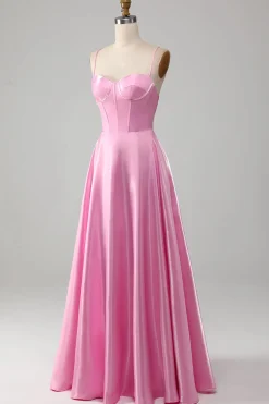 A-Line Espaghetti Correias Rosa Vestido de Baile com Espartilho
