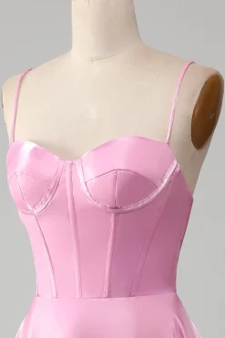 A-Line Espaghetti Correias Rosa Vestido de Baile com Espartilho