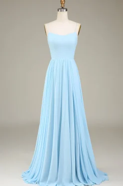 A-Line Espaghetti Correias Sky Blue Chiffon Vestido Longo Madrinha
