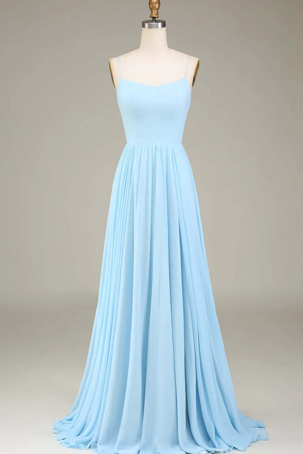 A-Line Espaghetti Correias Sky Blue Chiffon Vestido Longo Madrinha