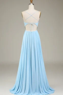 A-Line Espaghetti Correias Sky Blue Chiffon Vestido Longo Madrinha