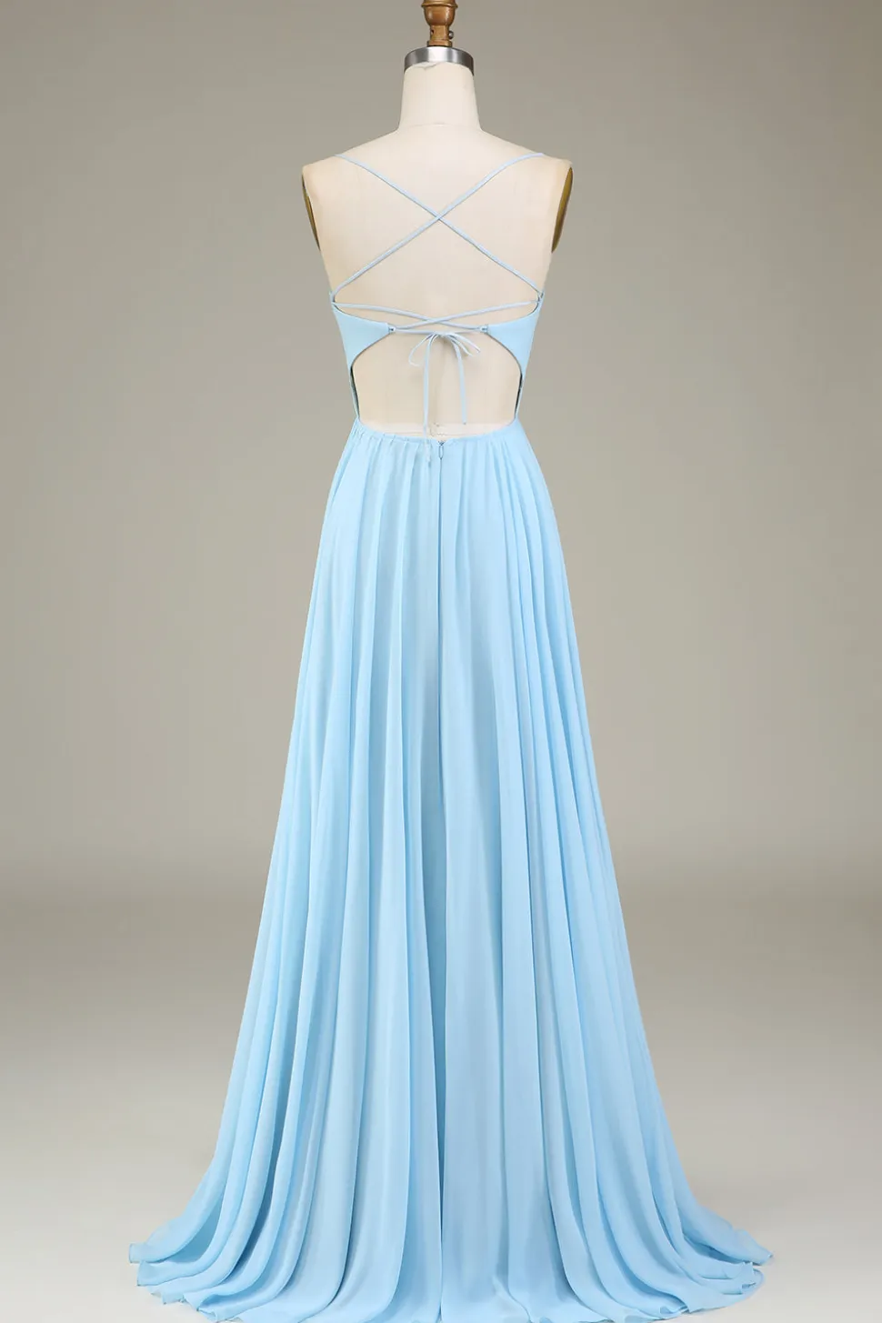 A-Line Espaghetti Correias Sky Blue Chiffon Vestido Longo Madrinha