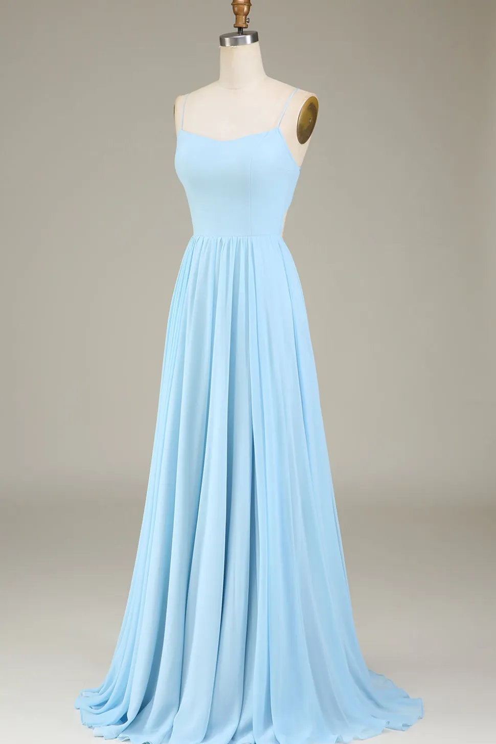 A-Line Espaghetti Correias Sky Blue Chiffon Vestido Longo Madrinha