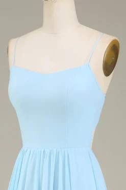 A-Line Espaghetti Correias Sky Blue Chiffon Vestido Longo Madrinha