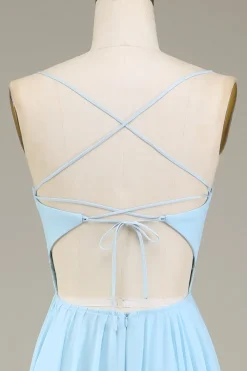 A-Line Espaghetti Correias Sky Blue Chiffon Vestido Longo Madrinha