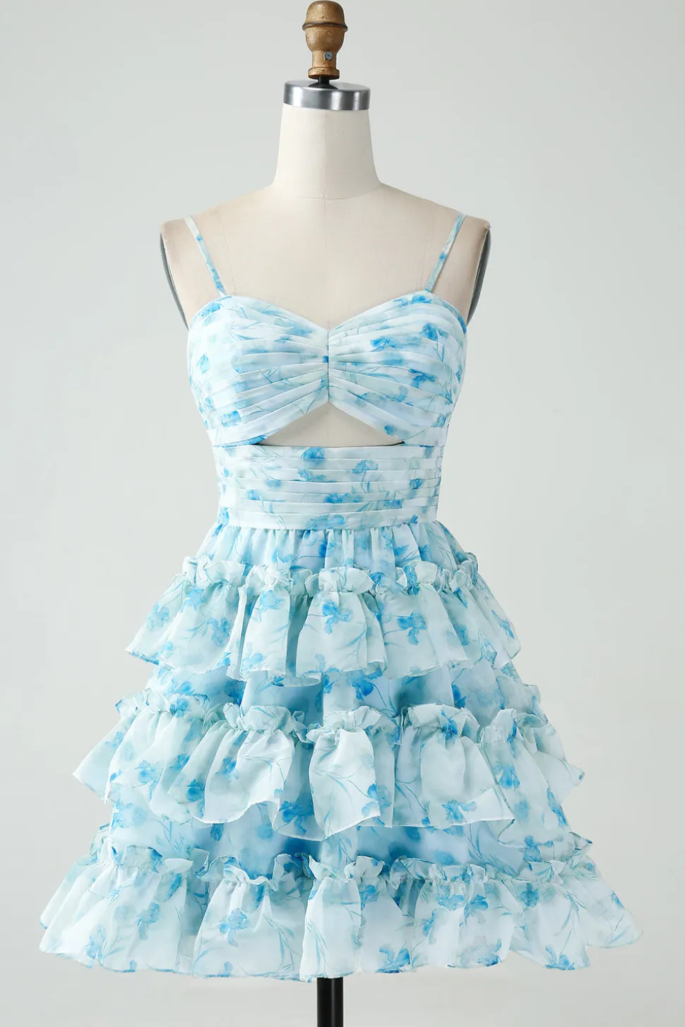 A-Line Espaghetti Correias Tiered Blue Floral Vestido Curto Homecoming