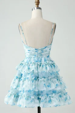 A-Line Espaghetti Correias Tiered Blue Floral Vestido Curto Homecoming