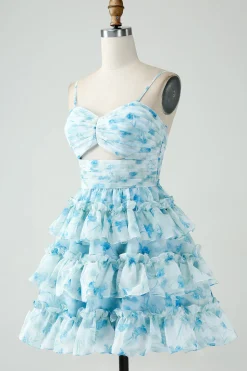 A-Line Espaghetti Correias Tiered Blue Floral Vestido Curto Homecoming