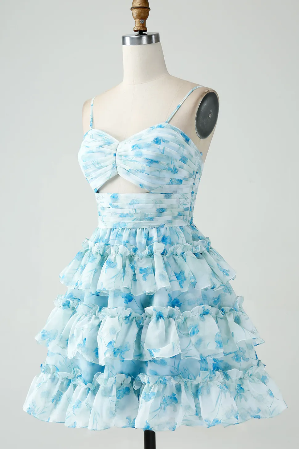 A-Line Espaghetti Correias Tiered Blue Floral Vestido Curto Homecoming