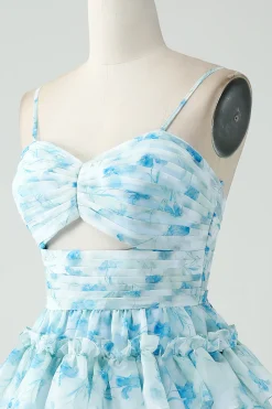A-Line Espaghetti Correias Tiered Blue Floral Vestido Curto Homecoming