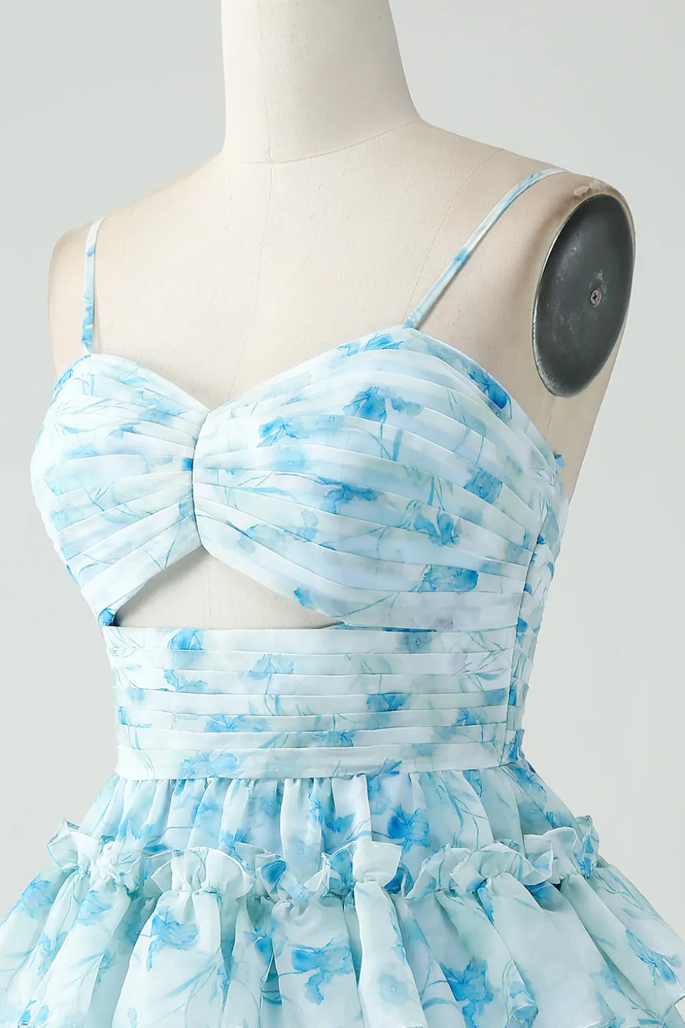A-Line Espaghetti Correias Tiered Blue Floral Vestido Curto Homecoming