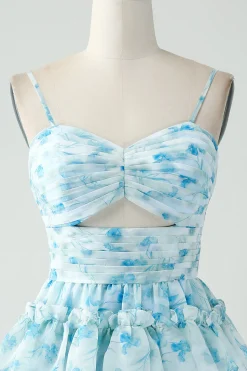 A-Line Espaghetti Correias Tiered Blue Floral Vestido Curto Homecoming