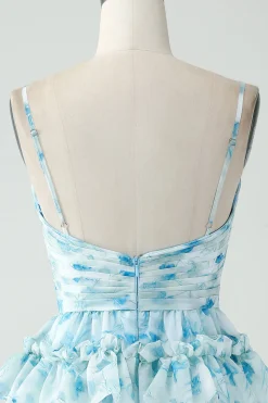 A-Line Espaghetti Correias Tiered Blue Floral Vestido Curto Homecoming