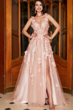 A-Line Espaghetti Correias Blush Long Prom Dress com Apliques