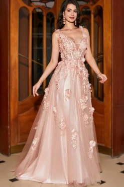 A-Line Espaghetti Correias Blush Long Prom Dress com Apliques